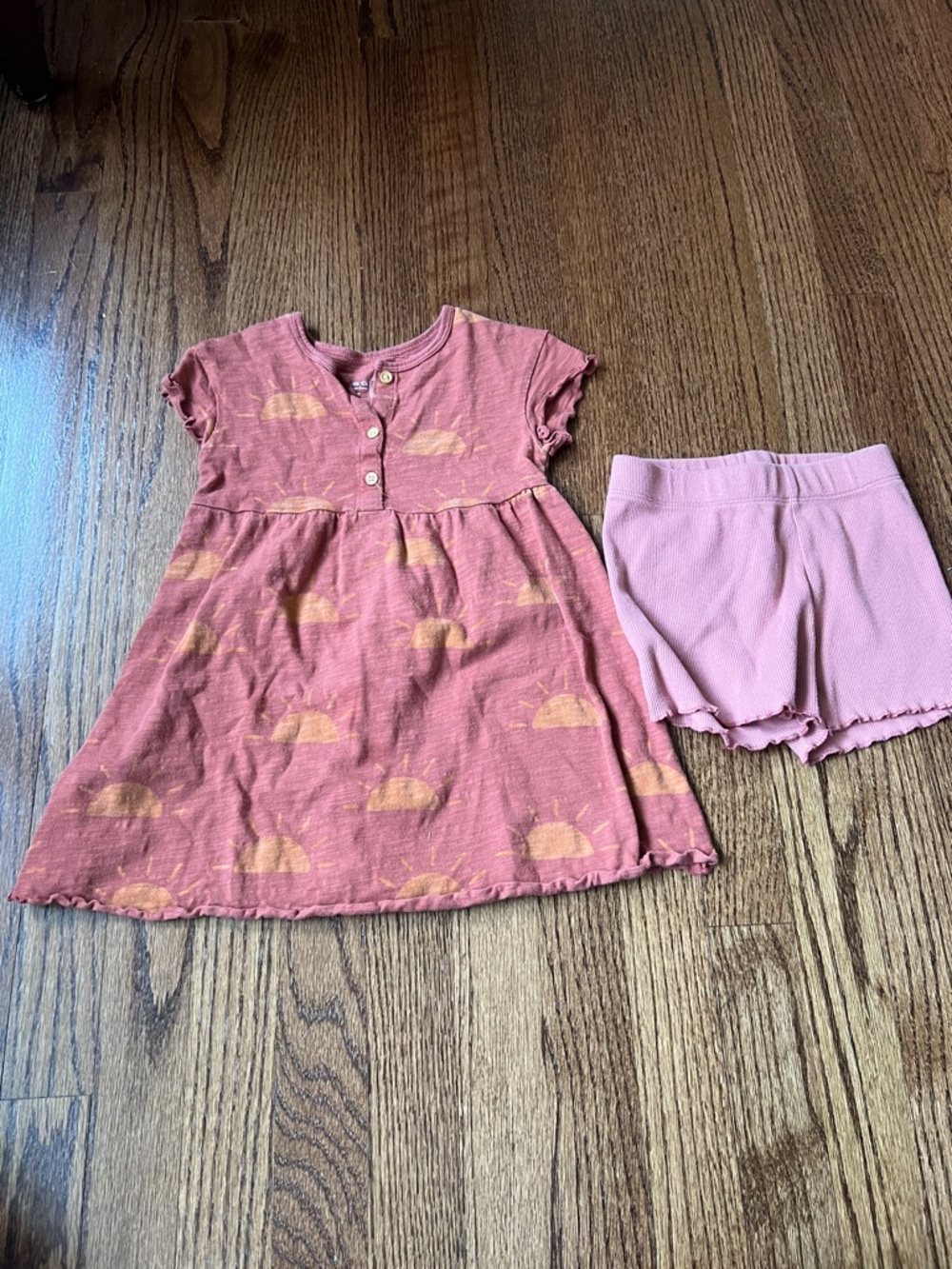 Sunrise Print Burnt Orange Toddler Dress & Matching Ruffle Under Shorts